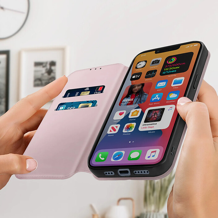 Avis Avizar Housse folio iPhone 14 Clapet Porte-cartes Fonction Support Vidéo rose champagne