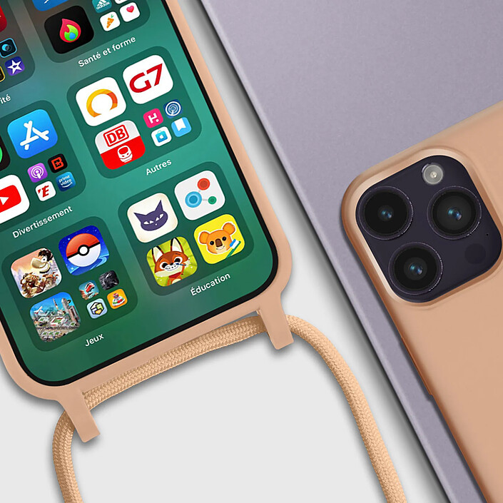 Avizar Coque Cordon iPhone 14 Pro Semi-rigide avec Lanière Tour du Cou 80cm rose pas cher