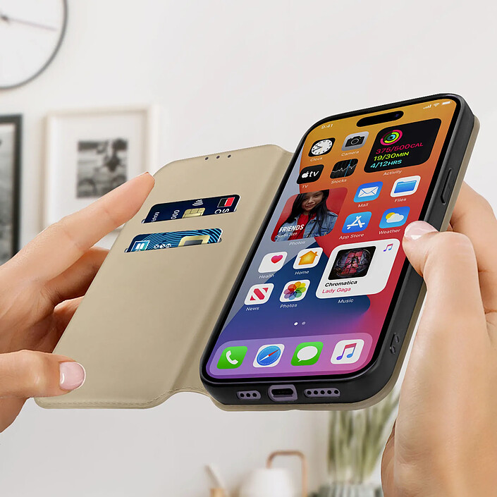 Avis Avizar Housse folio iPhone 14 Pro Clapet Porte-cartes Fonction Support Vidéo doré