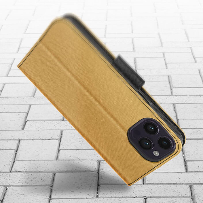 Avis Avizar Étui pour iPhone 14 Pro Portefeuille Porte carte Support Vidéo or et noir