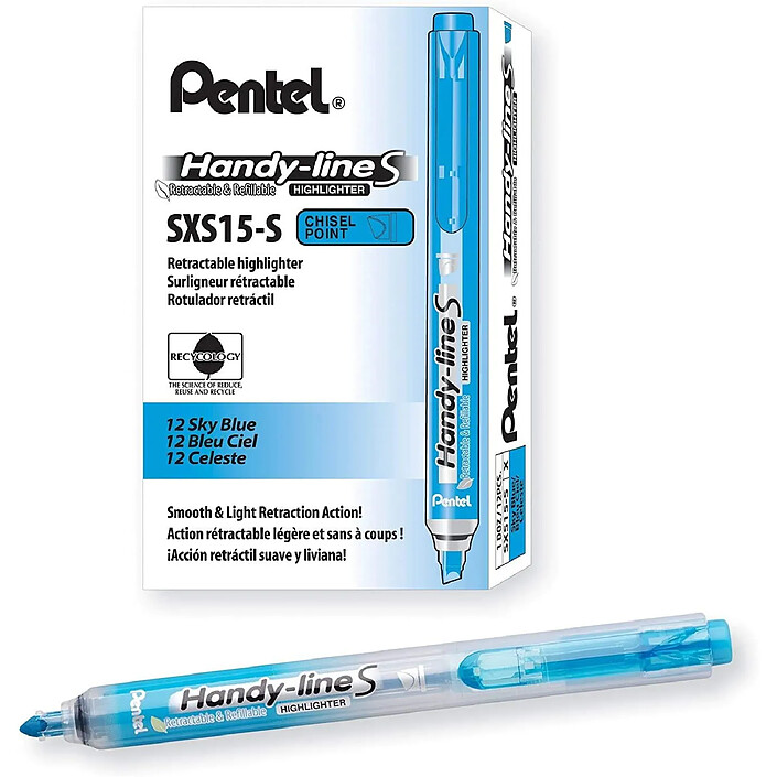 PENTEL Surligneur Handy-Line S Rétractable/Rechargeable bleu clair x 12