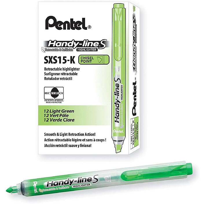 PENTEL Surligneur Handy-Line S Rétractable/Rechargeable Vert clair x 12