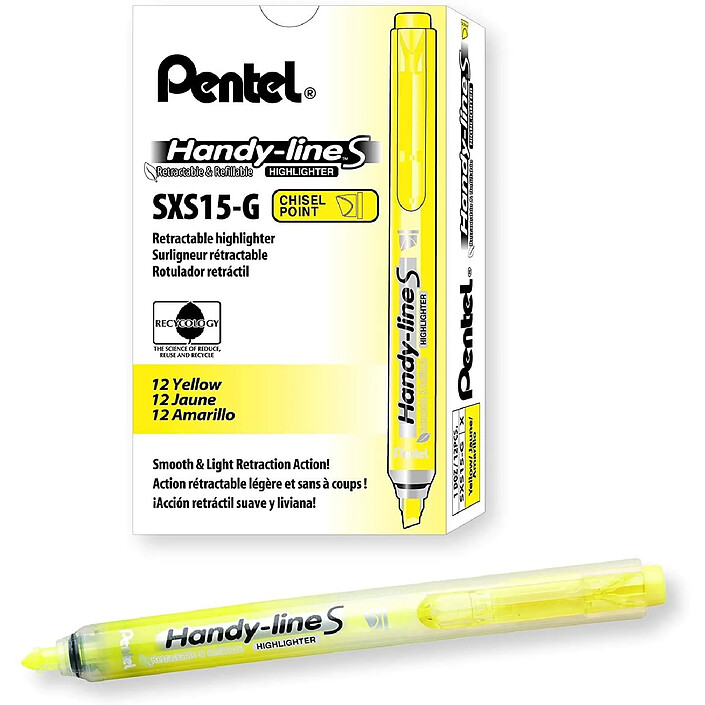 PENTEL Surligneur Handy-Line S Rétractable/Rechargeable Jaune x 12