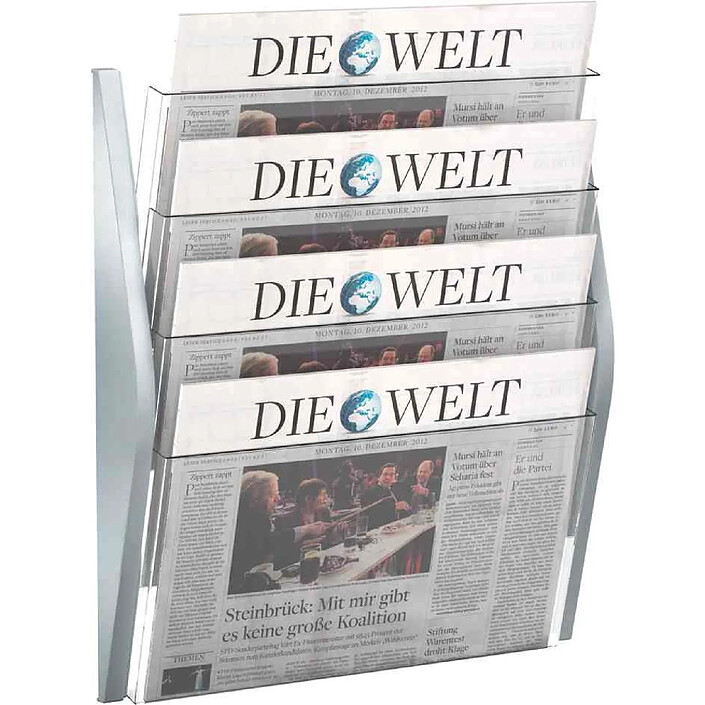 HELIT Porte-brochures mural 4 compartiments A3 à l'italienne Translucide / Argent