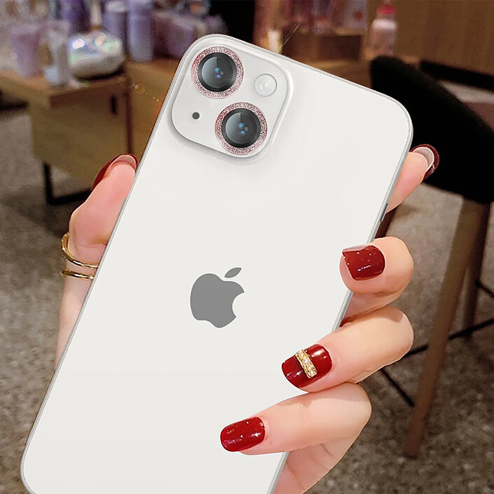 Avizar Film caméra iPhone 14 et 14 Plus Verre trempé 9H 0.2mm Contour pailleté rose pas cher