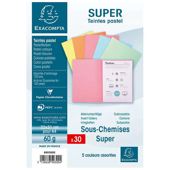 EXACOMPTA Paquet de 30 sous-chemises SUPER 60 - 22x31cm - Couleurs assorties