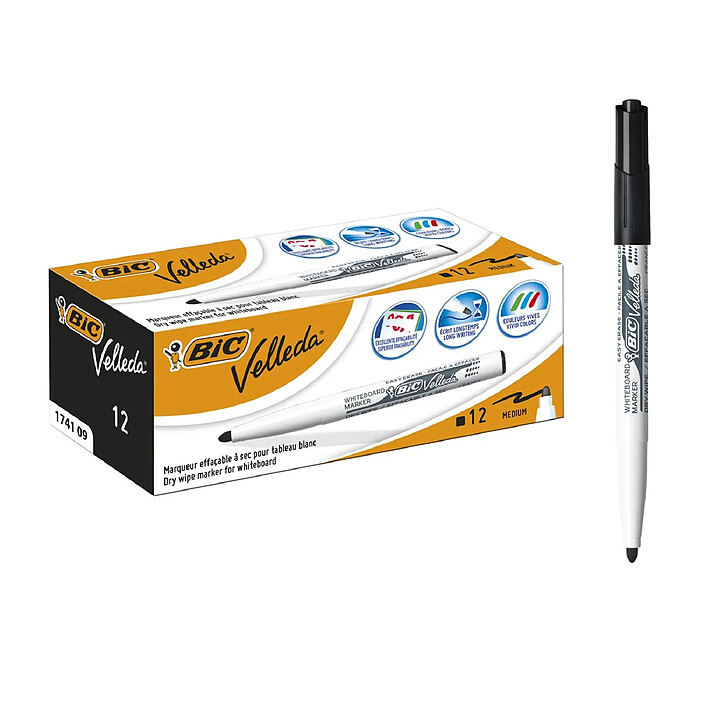 Bic Feutre velleda tableau blanc effaçable à sec 1741 pointe Medium ogive Noir x 12