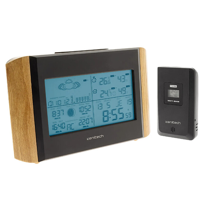 Station météo effet bois avec capteur sans fil (IP44) - Zenitech