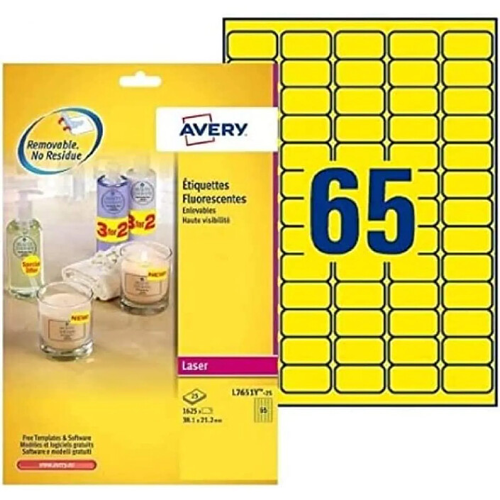 AVERY Pochette 1625 étiquettes Laser Adhésives Jaunes fluo Enlevables. 38,1x21,2mm