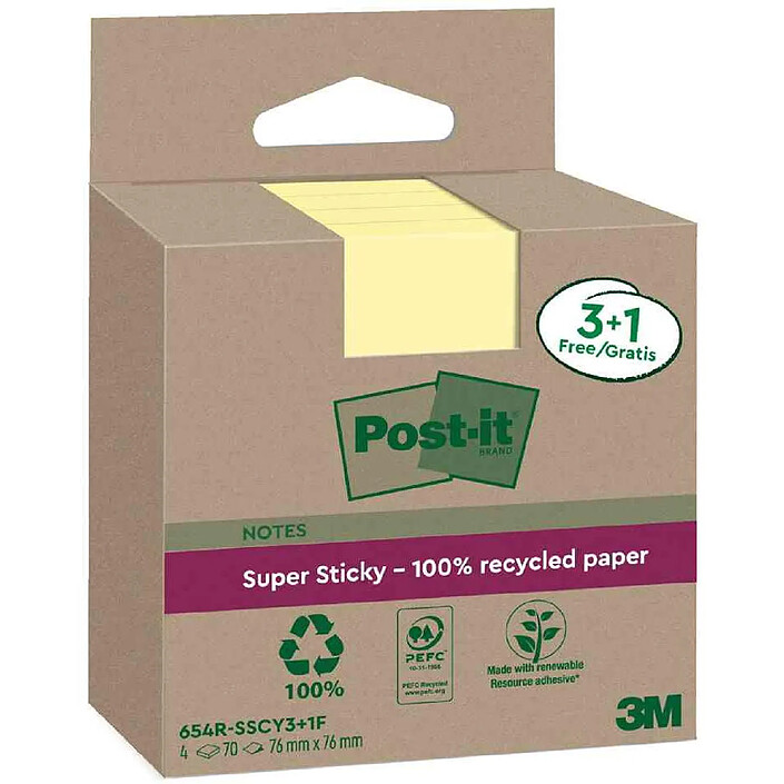 POST-IT Super Sticky Recycling Notes, 4x70 feuilles 76 x 76 mm, jaune