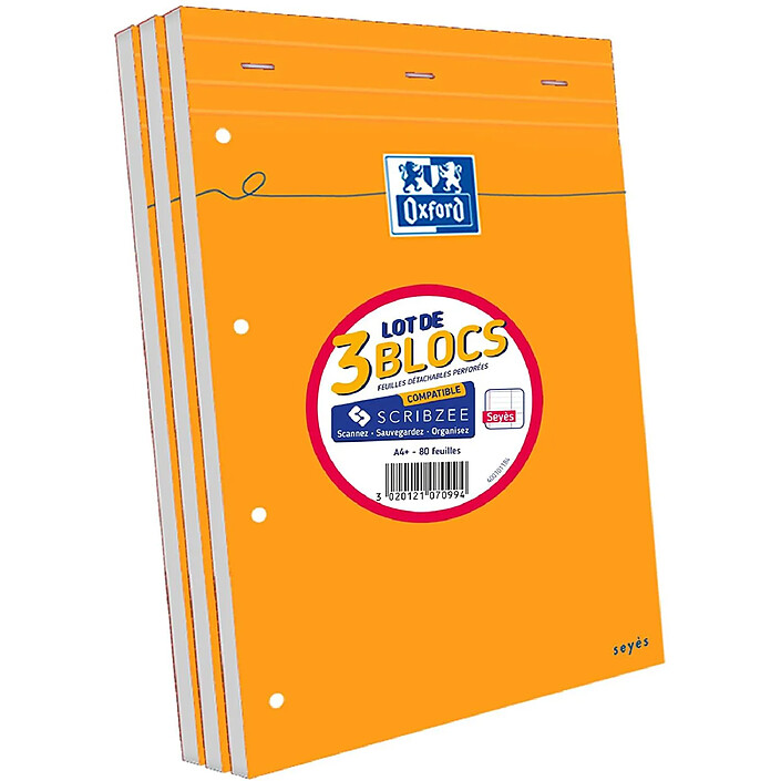 OXFORD Lot de 3 Bloc-Notes Agrafés Format A4+ 160 Pages Grands Carreaux Perforées x 7