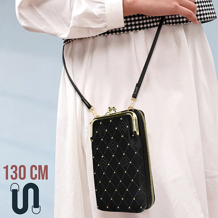 Avis Avizar Pochette Bandoulière Smartphone Studs dorés et Surpiqure design losange noir