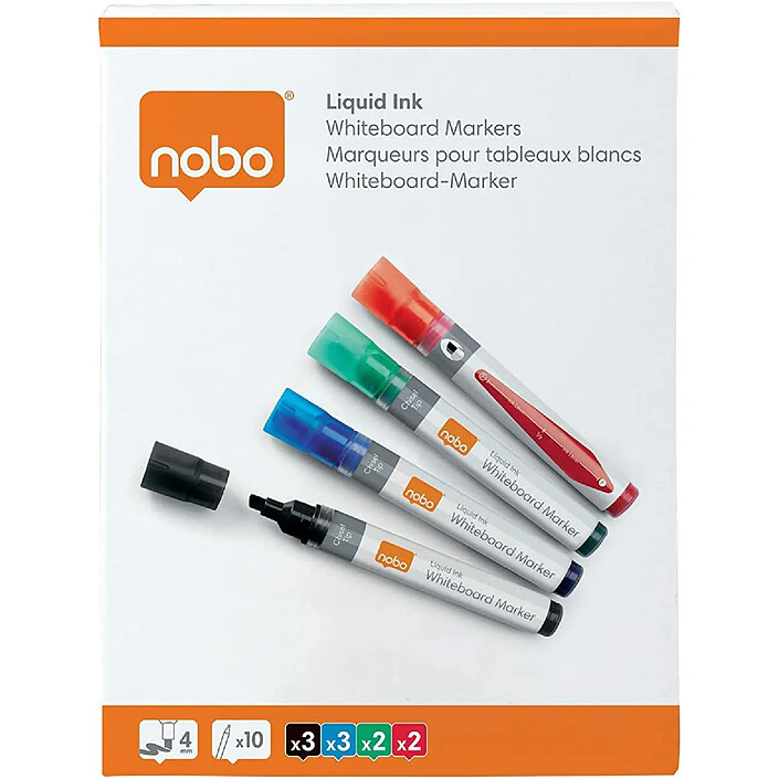 NOBO Lot de 10 Marqueurs Effaçables à Sec Liquid Ink Tableau Blanc Pointe Biseautée 4mm pas cher