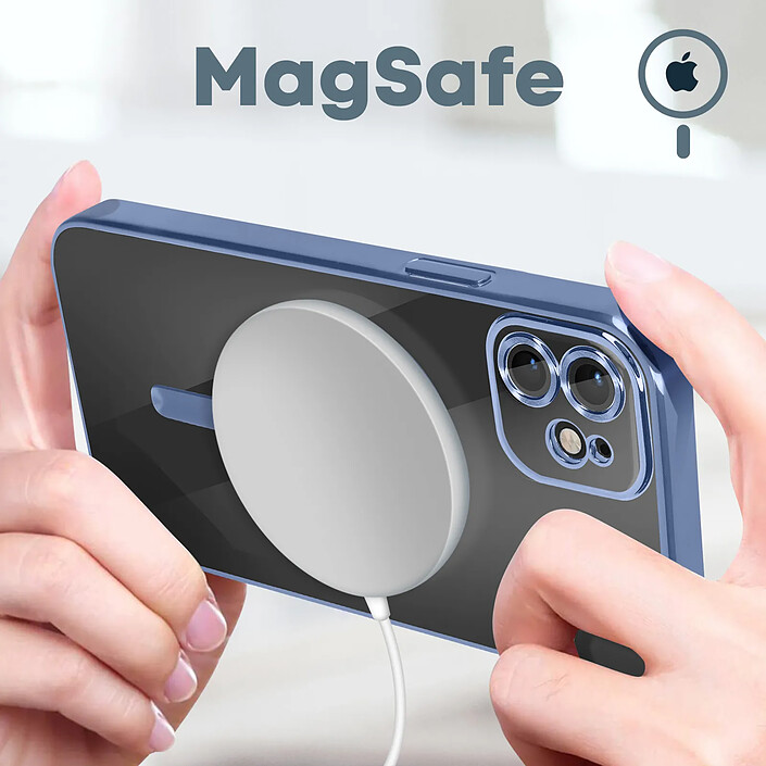 Avis Avizar Coque MagSafe pour iPhone 12 Silicone Protection Caméra Chromé Bleu Clair