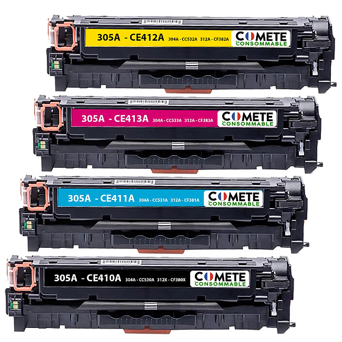 COMETE - 304/305/312A - 4 Toners Compatibles HP 304/305/312A - 1 Noir + 1 Cyan + 1 Magenta + 1 Jaune - Marque Française