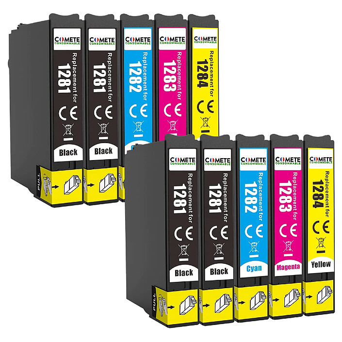 COMETE - Marque française - T1285 - 10 Cartouches d'encre Compatibles avec Epson T128 T1281 T1282 T1283 T1284