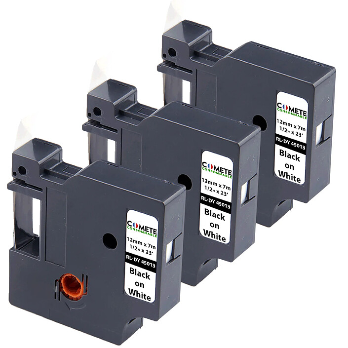 COMETE - 45013 - 3 Rubans Compatibles pour Étiqueteuses Dymo D1 45013 S0720530 - 12mm x 7m Noir sur Blanc
