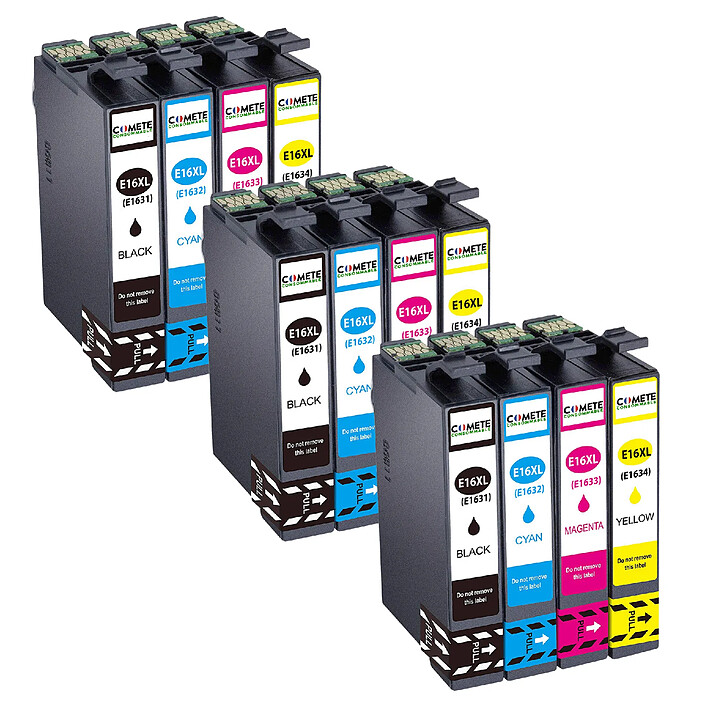 COMETE, Entreprise française - 16XL - 12 Cartouches 16 XL compatibles Epson Workforce - Noir et Couleur