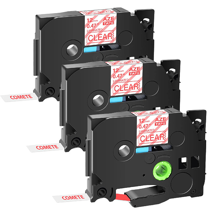 COMETE - TZe-132 - 3 Rubans compatible Brother TZe-132 Rouge sur transparent - Marque française