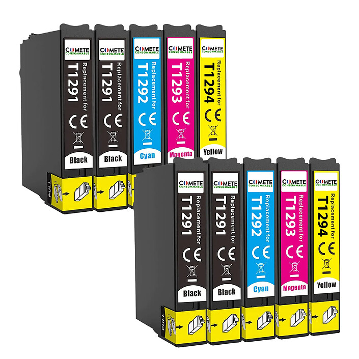 COMETE - T1295 - 10 Cartouches compatibles Epson T129XL - 4 Noir + 2 Cyan + 2 Magenta + 2 Jaune - Marque Française