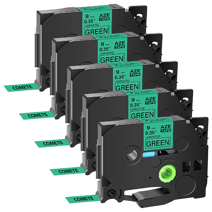 COMETE - Tze-721 - 5 Rubans TZe-721 Noir sur Vert cassette recharge pour étiqueteuse Brother