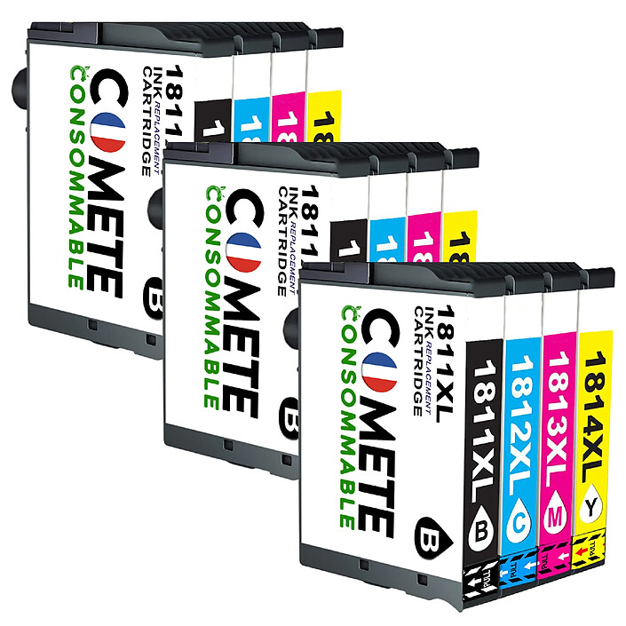 COMETE  - Marque Française - 18XL - 12 Cartouches compatibles Epson 18 XL T18XL T1815 - Noir et Couleur