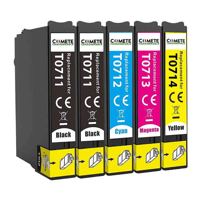 COMETE - Marque Française - T0715 - 5 Cartouches d'encre Compatible avec Epson T0715 (T0711 T0712 T0713 T0714)