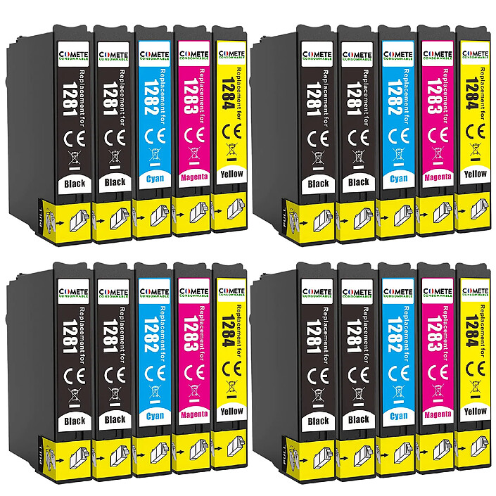 COMETE - Marque Française - T1285 - 20 Cartouches d'encre Compatibles avec Epson Stylus - 8 Noir + 4 Cyan + 4 Magenta + 4 Jaune