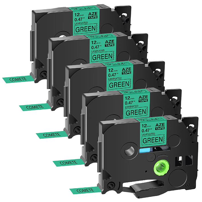 COMETE - Tze731 - 5 Rubans TZe-731 Noir sur Vert cassette recharge pour étiqueteuse Brother