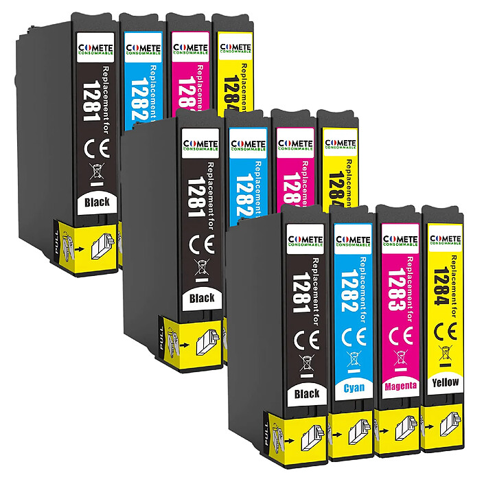 COMETE  - Marque Française - T1285 - 12 Cartouches d'encre Compatibles avec Epson T128 T128XL T1281 T1282 T1283 T1284