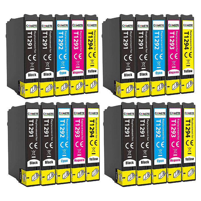 COMETE - T1295 - 20 Cartouches compatibles Epson T129XL - 8 Noir + 4 Cyan + 4 Magenta + 4 Jaune - Marque Française