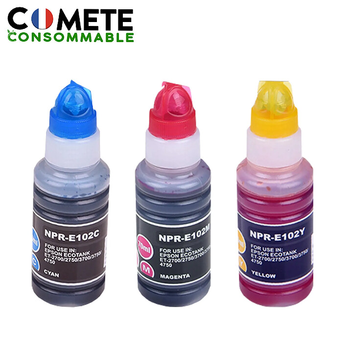 COMETE - 102 - 3 Recharges 102 Compatibles pour imprimantes Epson Ecotank - Couleur - Marque française