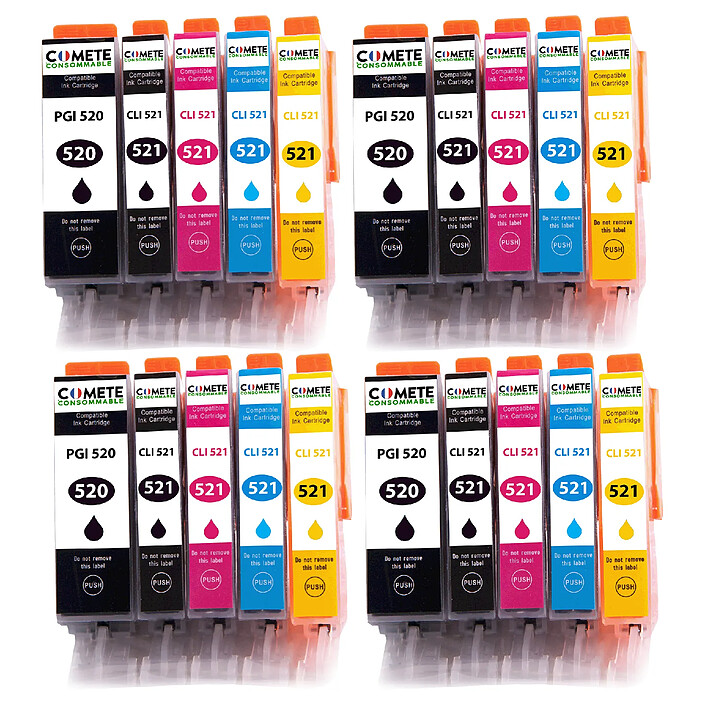 20 Cartouches Compatibles 520XL 521XL pour imprimantes Canon PIXMA PGI-520 CLI-521 - 4 Packs