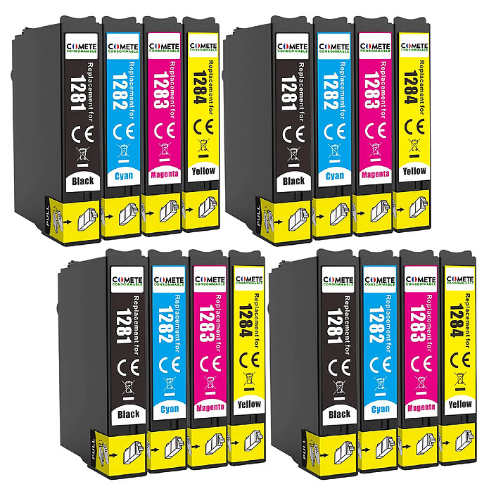 COMETE - Marque Française - T1285 - 16 Cartouches d'encre Compatibles avec Epson T128 T128XL T1281 T1282 T1283 T1284