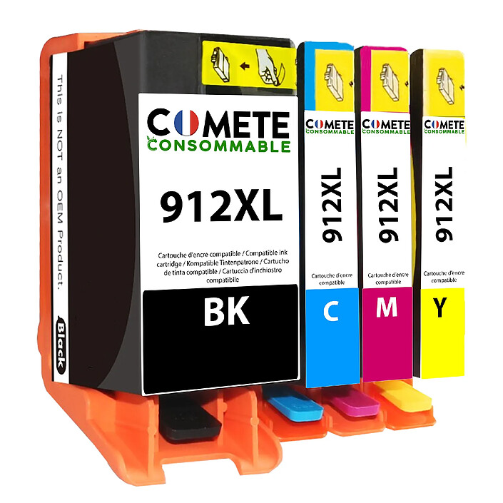 COMETE - Marque Française - 912XL - 1 Pack de 4 Cartouches compatibles avec HP 912XL 912XL  - 1 Noir, 1 Cyan, 1 Magenta, 1 Jaune