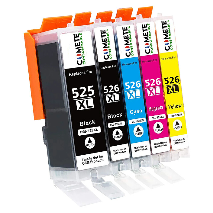 COMETE - Marque Française - 525XL 526XL - 5 Cartouches Compatibles 525 XL 526 XL pour Canon PIXMA PGI-525 CLI-526