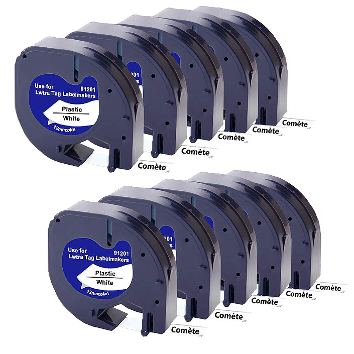COMETE - 91201 - 10 Rubans compatibles 91201 S0721610 pour Étiqueteuses Dymo Letratag -12mm x 4m Noir sur Blanc