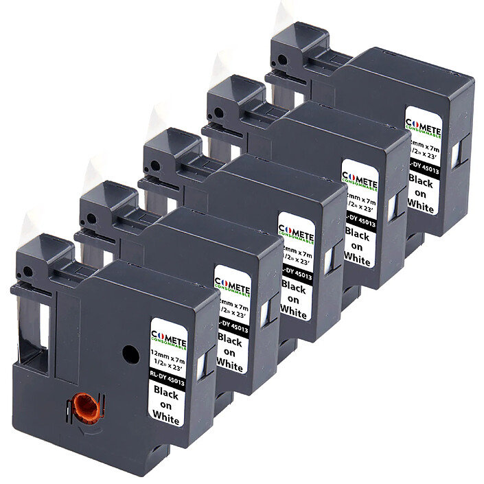 COMETE - 45013 - 5 Rubans Compatibles pour Étiqueteuses Dymo D1 45013 S0720530 - 12mm x 7m Noir sur Blanc