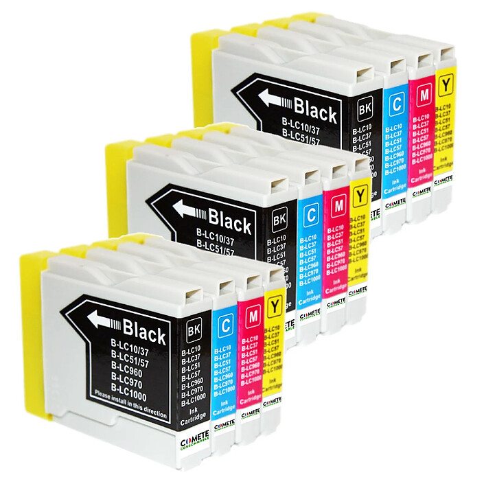 COMETE - LC970 LC1000 - 12 Cartouches compatibles BROTHER LC970/LC1000 - 3 Noir + 3 Cyan + 3 Magenta + 3 Jaune - Marque Française