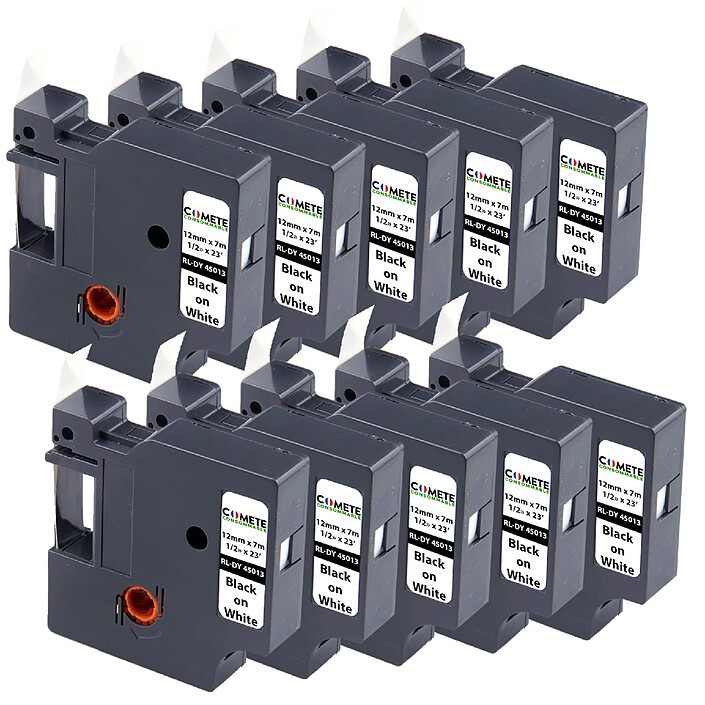 COMETE - 45013 - 10 Rubans Compatibles pour Étiqueteuses Dymo D1 45013 S0720530 - 12mm x 7m Noir sur Blanc