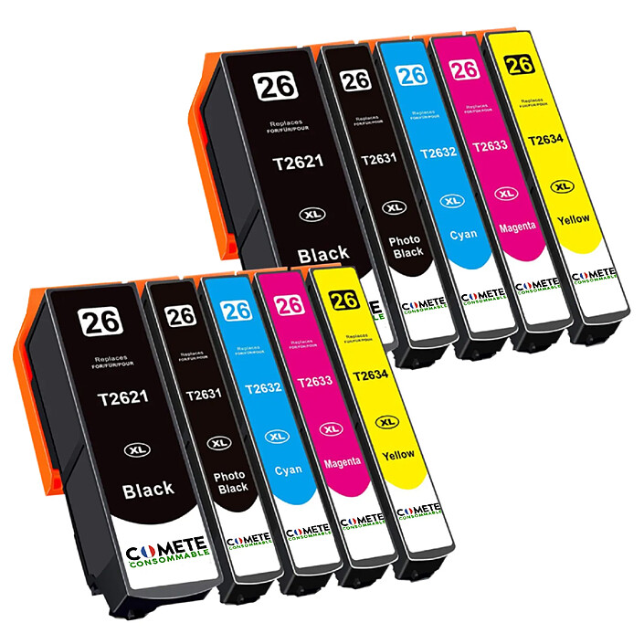 10 Cartouches 26XL Compatibles avec Epson 26 XL T2621 T2631 T2632 T2633 T2634 - 2 Packs