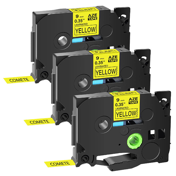 COMETE - Tze-621 - 3 Rubans TZe-621 Noir sur Jaune cassette recharge pour étiqueteuse Brother