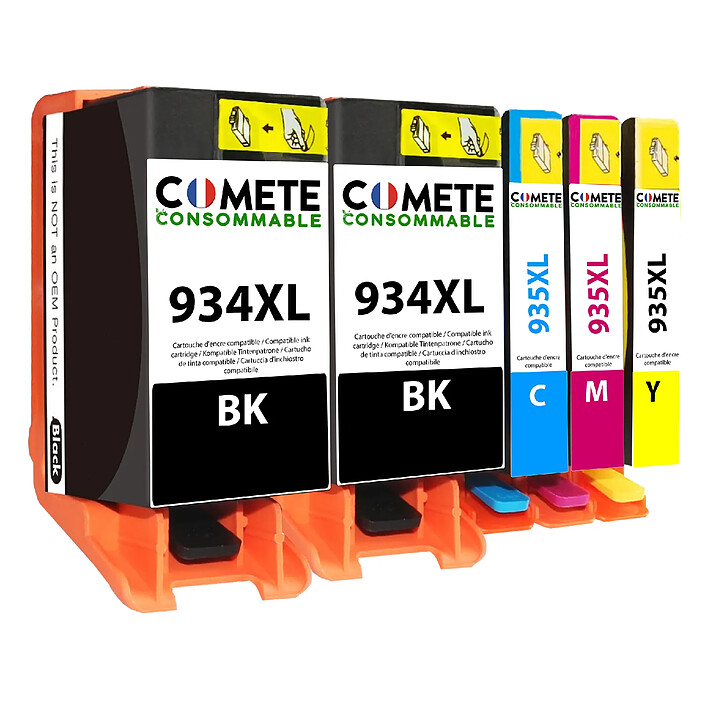 COMETE - Marque Française - 934XL 935XL - 5 Cartouches compatibles HP 934/935XL - 2 Noir, 1 Cyan, 1 Magenta, 1 Jaune