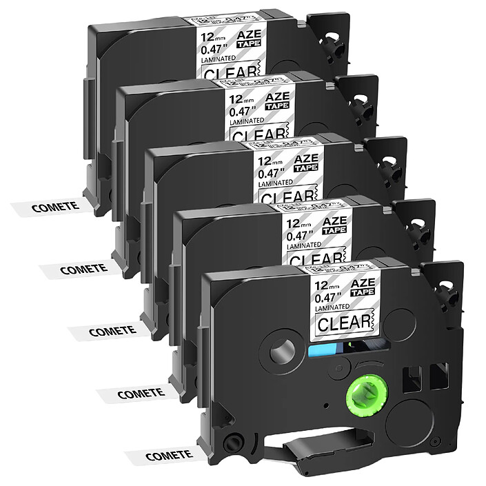 COMETE - Tze131 - 5 Ruban Etiqueteuse Compatible TZe131 TZe-131 pour Brother P Touch - 12mm x 8m Noir sur transparent