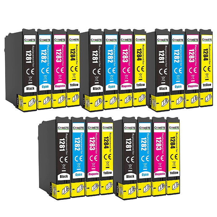 COMETE - Marque Française - T1285 - 20 Cartouches d'encre Compatibles avec Epson T128 T128XL T1281 T1282 T1283 T1284