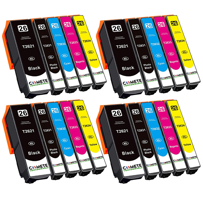 COMETE - 26XL - 20 Cartouches 26XL Compatibles avec Epson 26 XL T2621 T2631 T2632 T2633 T2634 - Marque Française