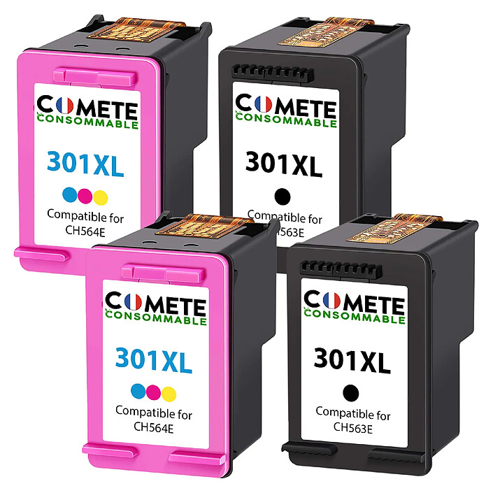 COMETE  - Marque Française - 301XL - 4 Cartouches compatibles HP 301 XL - Noir/Couleur