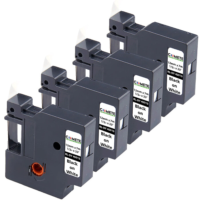 COMETE - 45013 - 4 Rubans Compatibles pour Étiqueteuses Dymo D1 45013 S0720530 - 12mm x 7m Noir sur Blanc