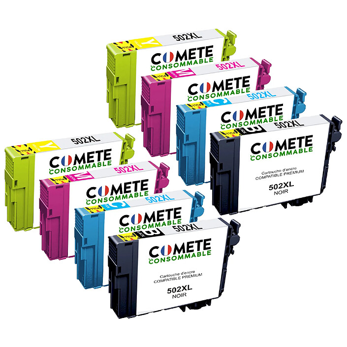 COMETE - 502XL - 8 Cartouches compatibles avec Epson 502XL - 2 Noir + 2 Cyan + 2 Magenta + 2 Jaune - Marque Française