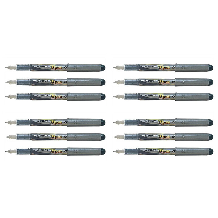 PILOT Stylo Plume Jetable V-Pen SILVER Pointe Moyenne Noir x 12
